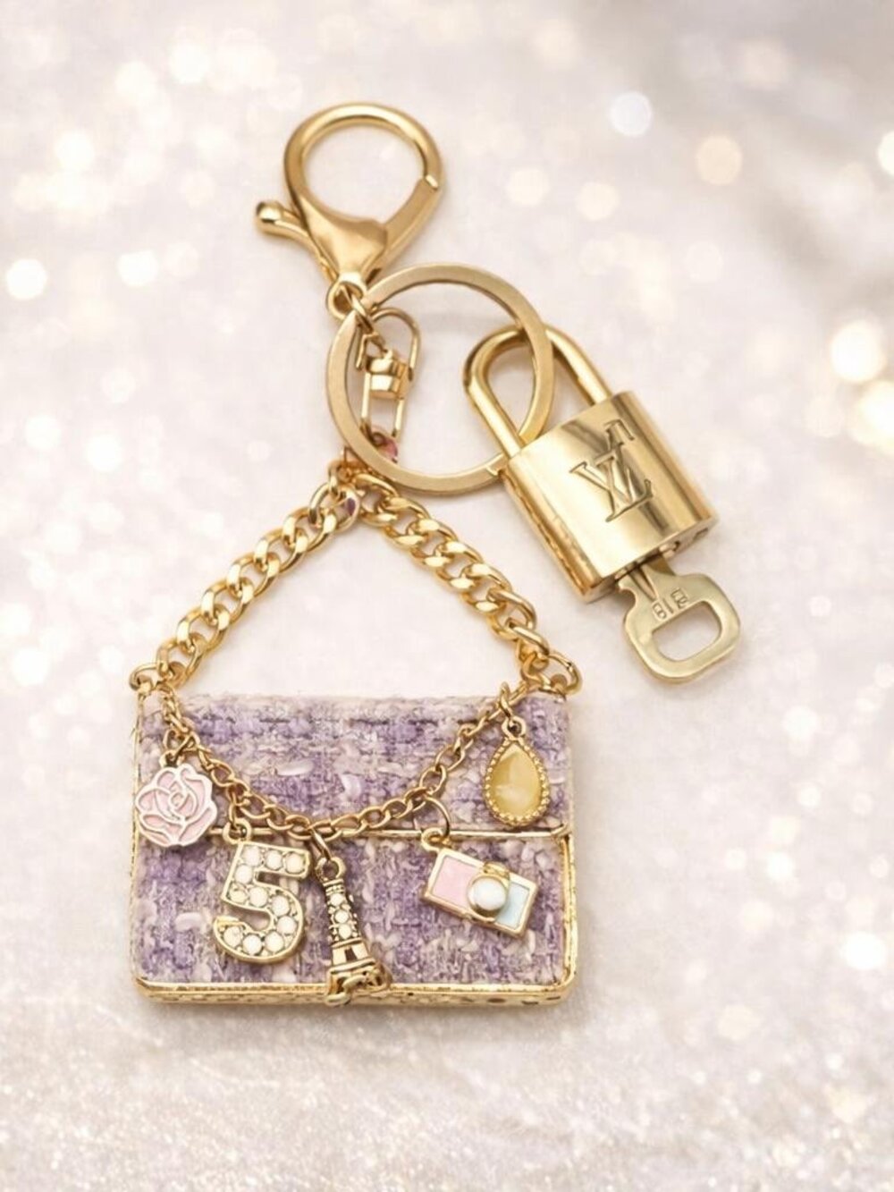 LV Authentic Gold Lock & Key 🔑 Luxury Bag Charm w/Unbranded Tweed Bag Keychain